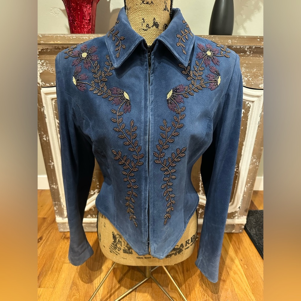 Ladies Small Blue Leather Rengade Spirit Beaded Jacket